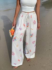 SHEIN EZwear Women's Vacation Casual Floral Print Wide Leg Pants - White - View 1