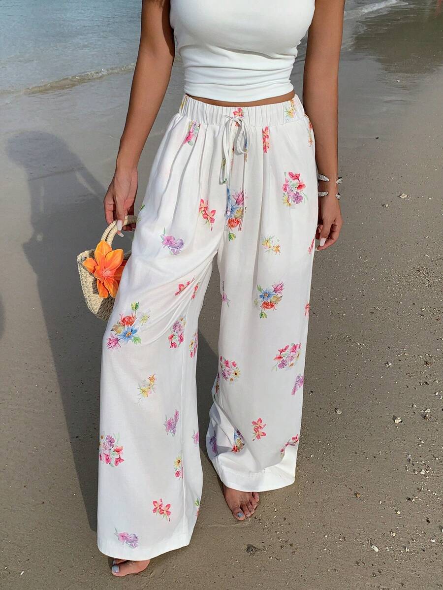SHEIN EZwear Women's Vacation Casual Floral Print Wide Leg Pants - White - View 1