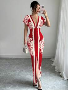 Elenzga Váy họa tiết hoa Boho thanh lịch cho nữ khi đi nghỉ - Đỏ - Xem 6