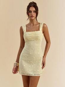 SHEIN BAE Yellow Embroidered Square Neck Slim Fit Open Back Mini Dress - Yellow - View 5