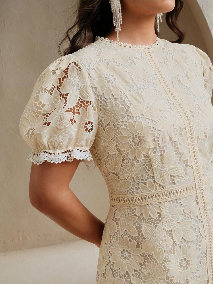 Elegant Plus Size Apricot Lace Midi Dress With Half Sleeves And Round Neckline