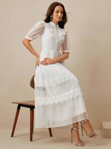 Anewsta Women's Solid Color Simple Daily French Lace Splice Puff Sleeve Mini Dress - White - View 5