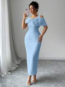 Modelyn Solid Color Mesh Splice Raised Floral Cut-Out Shoulder Midi Dress For Women