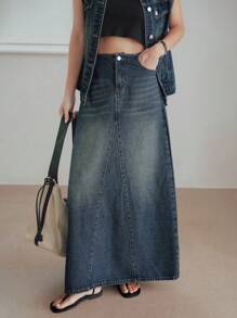 Dazy-Less Vintage Washed Denim Jacket & Straight Skirt 2 Pieces Set, Office/Commuter Casual Business Loose Fit Short Sleeve Summer/Spring/Autumn - Dark Wash - View 9