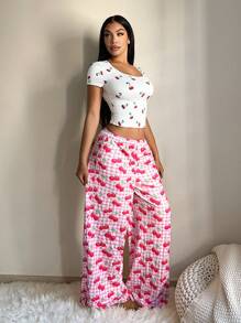 SHEIN SXY Women's Elastic Waist Loose Cherry Print Comfortable Pants, Cherry Print Pajama Pants ,Cherry Print Lounge Pants ,Gingham Pajama Pants ,Comfy Pajama Pants, Pink Pajama Pants,School Clothes,Y2k,Back To School,Going Out Tops Women,Flowy Pants,Cherry Print, - Multicolor - View 5