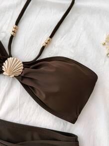 SHEIN Teen Girls Brown Summer Elegant Vacation Metal Shell Beaded Halter High Waisted Tummy Control ,Summer Beach Seashell Bikini Brown High Waist Bikini - Coffee Brown - View 4