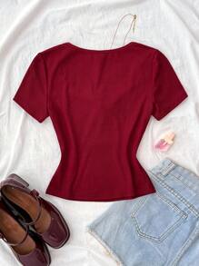 Teens Girls Spring Summer Valentine's Day, Casual Home, Clean Girl, American BM Style, Y2K, Burgundy And White Color Block Ribbed Knit Lace Ruffle Bowknot Fitted Short Sleeve T-Shirt Red Tops For Teen Girls Cute Tops Teen Girl Red Ribbed Top