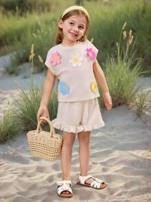 SHEIN Young Girl Casual Simple Comfortable Round Neck Short Sleeve 3D Floral Embellished T-Shirt And Shorts Set - Apricot - View 7