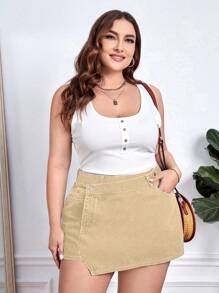 EMERY ROSE Plus Size Asymmetric Denim Shorts, Casual Summer - Apricot - View 4