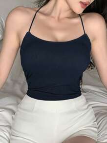 DAZY Minimalist Camisole With Criss-Cross Back Design And Built-In Padded,Back To School Clothes - Navy Blue - View 5