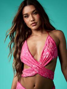 MISSGUIDED 节日亮片裹身吊带上衣夏季海滩派对舞会俱乐部短款上衣带系带细节闪亮晚装短款上衣 - 玫紅色 - 查看 5