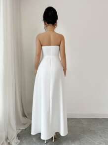 Elenzga Elegant Solid Color Tube Top Ruched Waist A-Line Women Dress - White - View 2