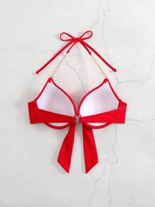 SHEIN Swim SXY 女式纯色性感前系带吊带比基尼上衣，带钢圈，适合夏季海滩 - 紅色 - 查看 3