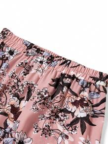 Ellevyn 2pcs/Set Women Solid Color Crew Neck Short Sleeve Long Top And Floral Print Pants - Dusty Pink - View 4