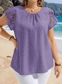 EMERY ROSE Plus Size Women Round Neck Short Sleeve Casual Blouse Summer Tropical Vacation Modest Top For Beach - Purple - View 1