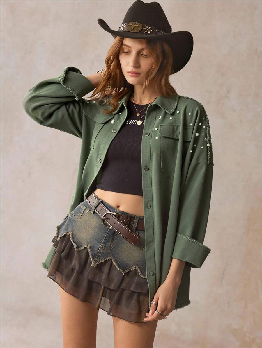 Drop Shoulder Pearls Beaded Raw Hem Coat In Fall/Winter - Army Green - View 1
