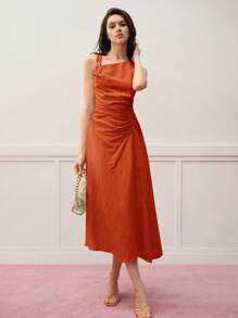 MOTF PREMIUM 亚麻不对称下摆褶饰连衣裙 - 橘色 - 查看 6