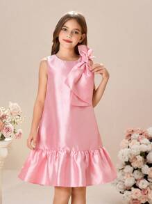 SHEIN Váy suông cổ tròn màu trơn bó sát không tay cho bé gái tuổi mới lớn - Hồng - Xem 4