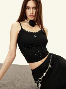 INAWLY 2pcs/Set Women's Fashion Rhinestone Decor Camisole And Bodycon Skirt Set - Black - View 5