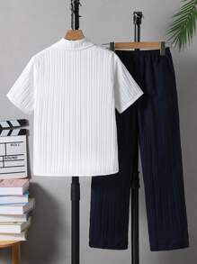 2pcs/Set Tween Boy Wave Jacquard Fabric White Shirt And Black Straight Leg Pants Outfit, Soft And Comfortable Lightweight Fabric, Suitable For Summer Outing, School, Various Occasions, Fashionable And Sunny Boy's Set, Black And White Combo Children's Set, Must-Have Summer Young Boys Suit Set Youth Boys Suit Youth Boys Shirt Young Boys Pants Young Boys Whie Suits