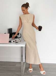 Siren Gaze Summer Fashion Simple Versatile Linen Waist Long Dress, Casual Commuting High Slit Sleeveless Long Dress, Office Wear, Holiday Long Dress - Apricot - View 4