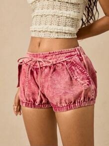 Easelle Women's Self-Tie Waist Casual Versatile Denim Shorts - Pink - View 3