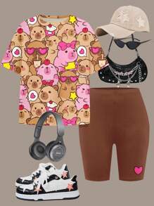 SHEIN 2 piezas Conjunto casual para niñas: Camiseta holgada con estampado de Lulicore en rosa y marrón y pantalones cortos elásticos de tipo ciclista, adecuados para el verano