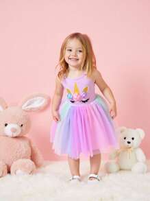 SHEIN Playful Pals 0-3岁女婴梦幻可爱多色多巴胺彩虹薄纱连衣裙 - 彩色 - 查看 1