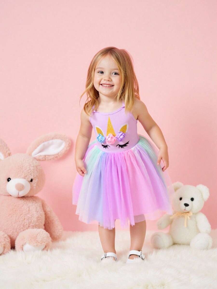 SHEIN Playful Pals 0-3岁女婴梦幻可爱多色多巴胺彩虹薄纱连衣裙 - 彩色 - 查看 1