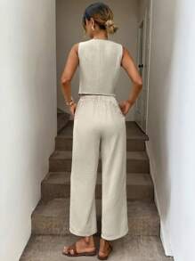 Easowa Conjunto de 2 piezas de chaleco y pantalones de tweed estilo oficina, estilo de dinero antiguo para mujer - Albaricoque - Ver 2