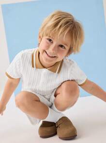 SHEIN Leap Crew 2 件套年轻男孩休闲舒适宽松短袖 Polo 衫和短裤