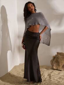 Opulessa Top poncho sexy multiusos sin espalda brillante para mujeres, ideal para vacaciones de verano en la playa, graduación, fiestas de cumpleaños, maestras, clubes nocturnos y aeropuertos - Gris - Ver 8