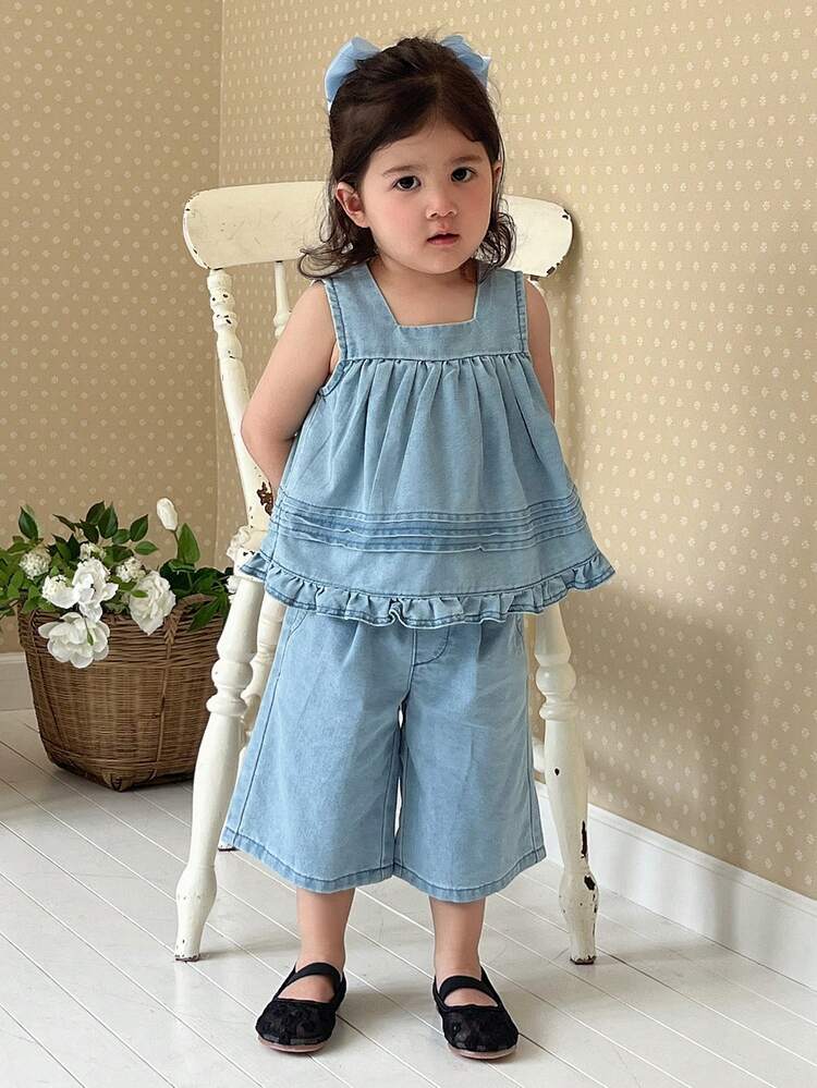 2 Pcs/Set Toddler Girls' Casual Ruffle Sleeveless Shirt And Loose Wide Leg Denim Pants