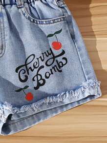 Shorts vaqueros casuales y urbanos de lavado claro con estampado de cerezas, cómodos y con cintura elástica, versátiles para el verano, para niñas preadolescentes