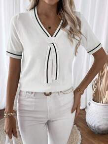 EMERY ROSE Women's V-Neck Short Sleeve Casual Knit Top With Bowknot Design - White - View 3
