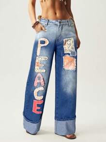 Bohemela Quần Jeans Denim Rộng Rãi Thường Ngày Thời Trang Đính Chữ Màu Xanh Cho Nữ Mùa Hè - Rửa nhẹ - Xem 2