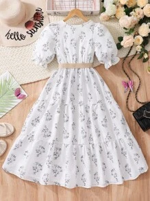 Tween Girl Floral Print Puff Sleeve Ruffle Hem Dress - White - View 2