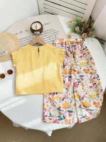 LMoss Kids 2 Stücke Baby Mädchen Set aus gewebtem einfarbiges gerüschtem Top und lässiger Hose mit kleinen Blumen Muster