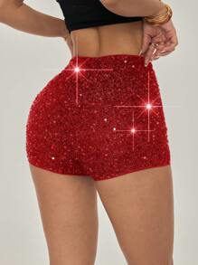 SHEIN PETITE Pantaloncini aderenti da donna con decorazioni in paillettes, adatti per l'estate