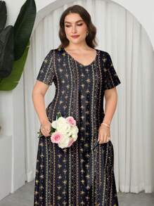 Lacomfia Plus Size Women Summer Casual Floral V-Neck Short Sleeve A-Line Dress,Women's Book Summer Fashion Simple Waist Slimming Floral Print Dress, Home Outing Casual Dress, Fabric Soft And Comfortable Loose Women's Dress Women's Dress Elegant Dress Women's Summer Clothing Women's Casual Dress Women's Beautiful Dress,Black Dress Brown Dress