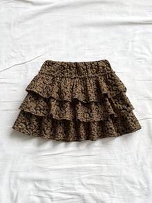 Soleia 女士度假纹理提花编织低腰分层荷叶边下摆 A 字迷你裙，适合派对、约会、情人节、假日、复活节、狂欢节、中国新年、海滩巡游、城市旅行、婚礼季、下午茶、返校 - 咖啡棕 - 查看 2