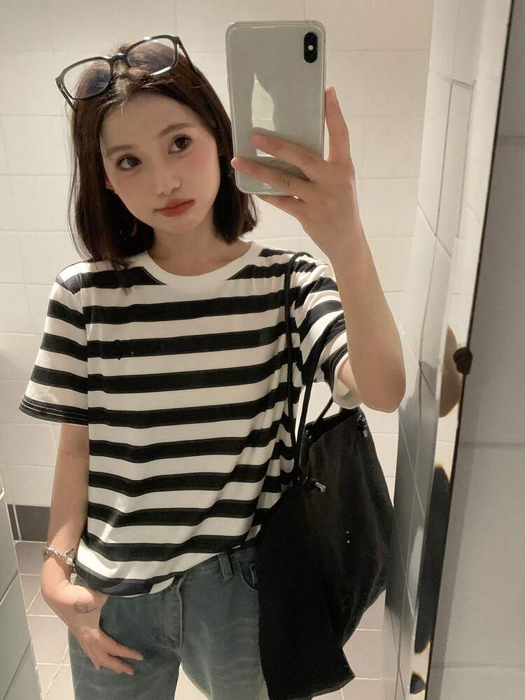 Women's Round Neck Stripe Embroidered Bowknot Short Sleeve Striped T-Shirt,Back To School Clothes