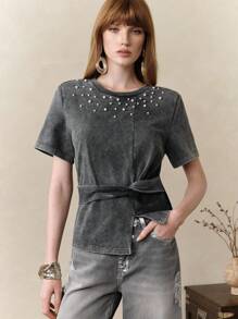 SHEIN LUNE Women's 100% Cotton Sand Wash Asymmetric Pearl Decor Short Sleeve T-Shirt,Grey Summer Elegant Tea Party Casual Commuting Top,Washed Clothes - Grey - View 3