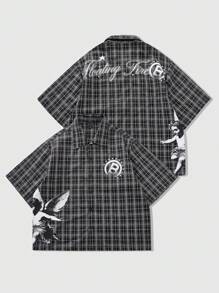 ROMWE MEN Street Life 男士美式街头风格图形短袖衬衫，夏季英伦天使儿童印花格子图案特别衬衫 - 黑色 - 查看 3