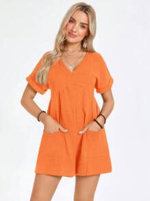 SHEIN Clasi Ladies' Fashionable Solid Color Short Sleeve Jumpsuit - Orange - View 5
