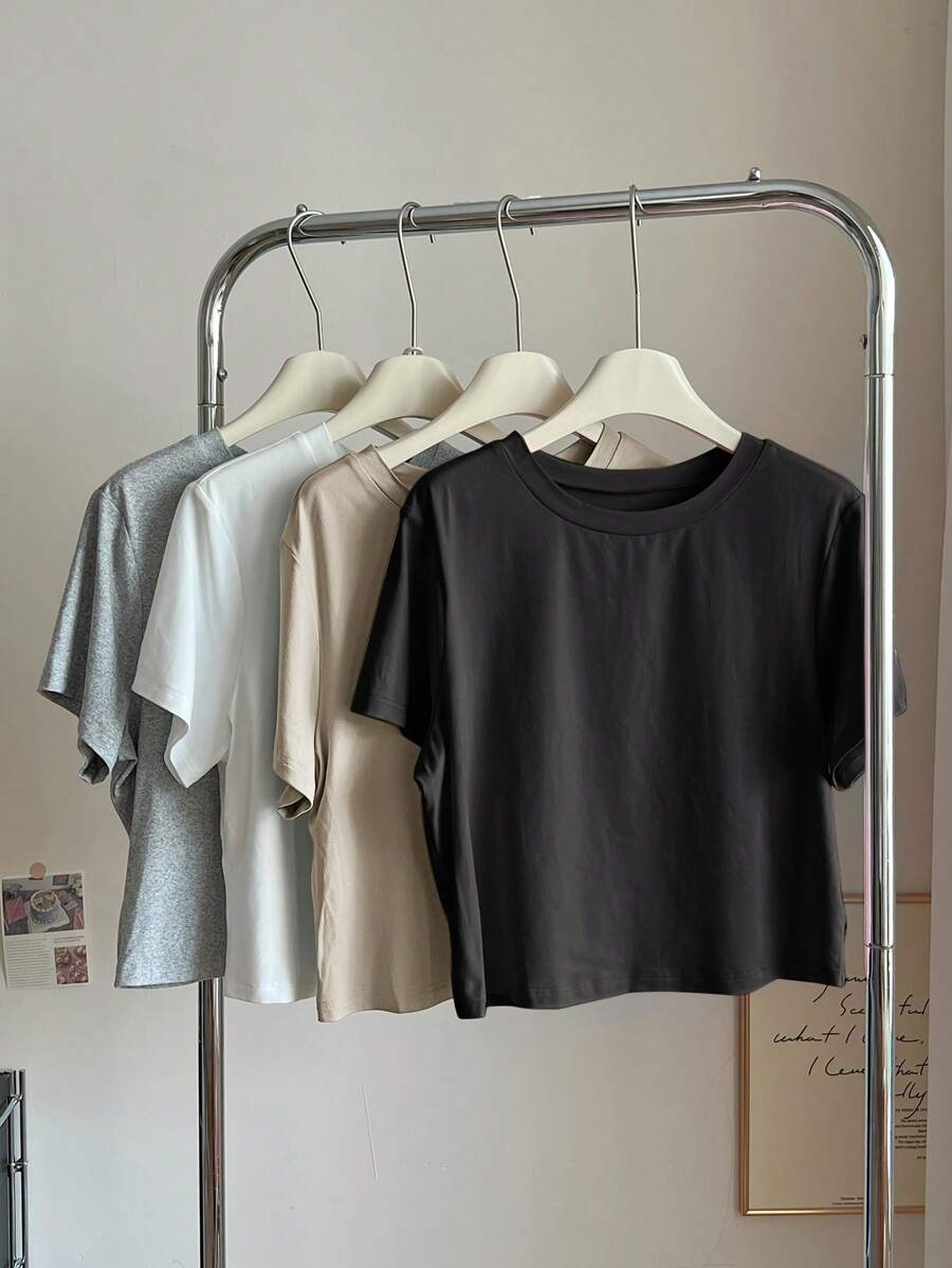 SHEIN EZwear 加大码简约修身 T 恤，多色套装，基本款短袖上衣短款 T 恤，商务休闲女装 - 彩色 - 查看 1