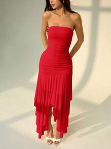 SHEIN PETITE Váy xòe không dây viền bất đối xứng dành cho nữ, phù hợp cho mùa hẹn hò và mùa cưới, váy mùa hè dành cho nữ - Đỏ - Xem 6