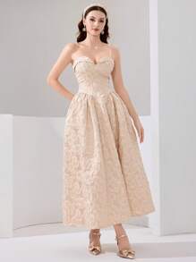 Poshira Vestido de fiesta para mujer con textura de unicolor sin tirantes (muy adornado) - Albaricoque - Ver 5