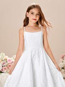 女童纯色提花优雅吊带连衣裙 - 白色 - 查看 2