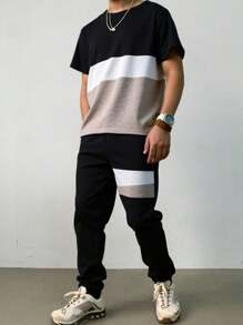 SHEIN Tween Boy Contrast Color Splice T-Shirt & Drawstring Waist Pants Set
